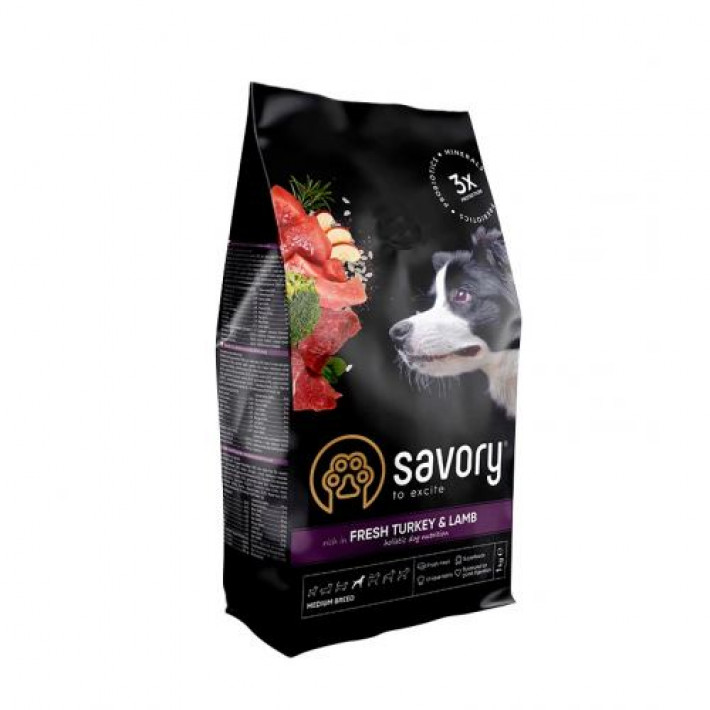 Сухий корм Savory Medium для собак середніх порід, зі свіжим ягням та індичкою, 1 кг