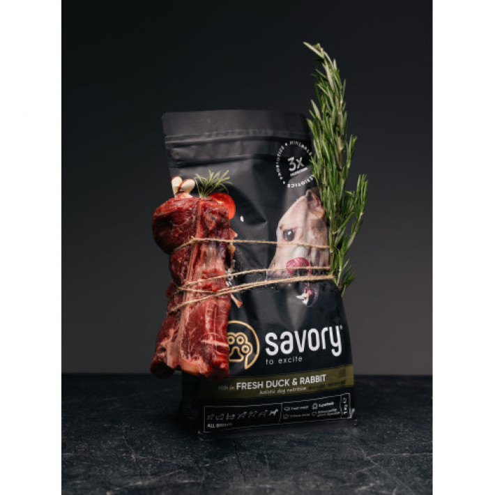 Сухий корм Savory для собак усіх порід, зі свіжою качкою й кроликом, 1 кг