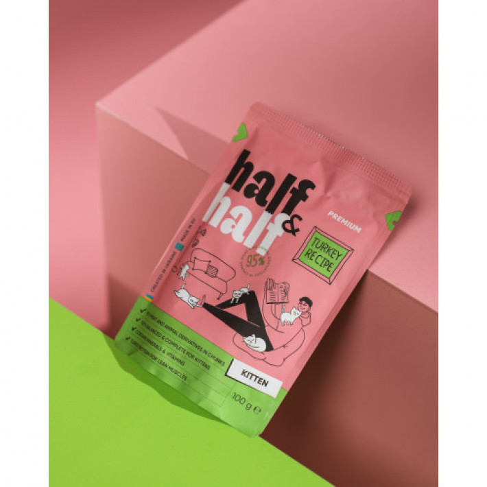 Корм вологий Half&Half для кошенят, шматочки з індичкою у желе у формі пауча, 100 г