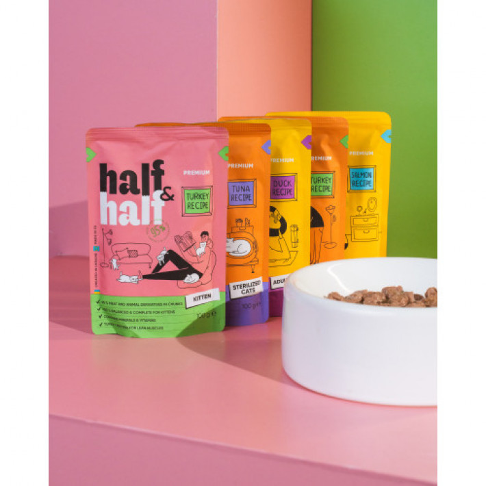 Корм вологий Half&Half для кошенят, шматочки з індичкою у желе у формі пауча, 100 г