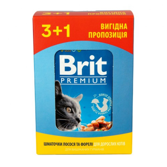 Набір паучів "3+1" для котів Brit Premium Cat pouch з лососем і фореллю,  4 х 100г