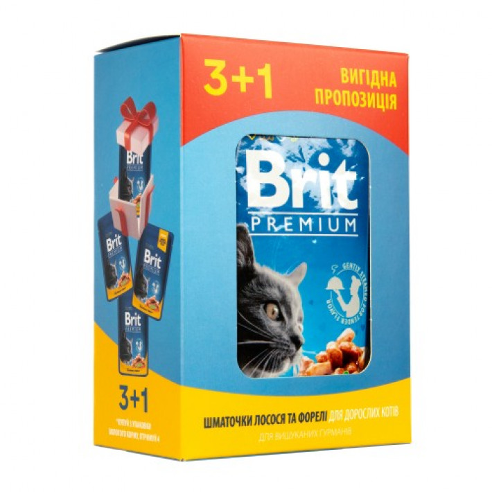 Набір паучів "3+1" для котів Brit Premium Cat pouch з лососем і фореллю,  4 х 100г
