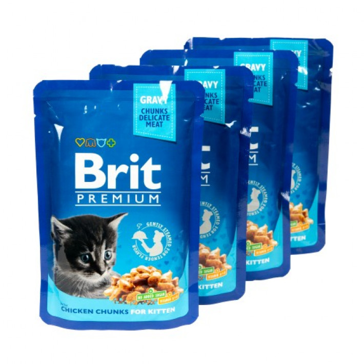 Набір паучів "3+1" для кошенят Brit Premium Cat pouch Chicken Chunks for Kitten з куркою, 4х100г