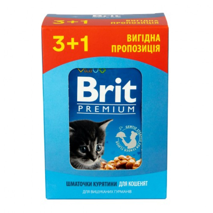 Набір паучів "3+1" для кошенят Brit Premium Cat pouch Chicken Chunks for Kitten з куркою, 4х100г