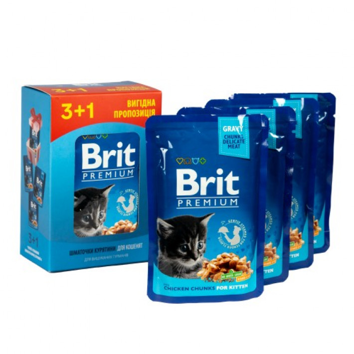 Набір паучів "3+1" для кошенят Brit Premium Cat pouch Chicken Chunks for Kitten з куркою, 4х100г