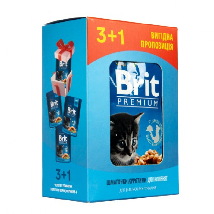Набір паучів "3+1" для кошенят Brit Premium Cat pouch Chicken Chunks for Kitten з куркою, 4х100г