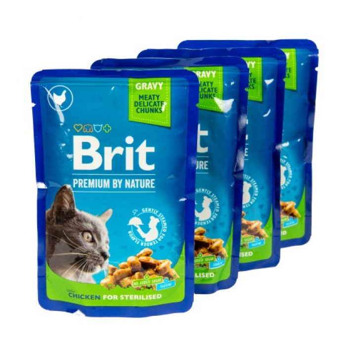 Набір паучів "3+1" для стерилізованих котів Brit Premium Cat pouch Chicken Slices for Sterilised з куркою, 4х100г