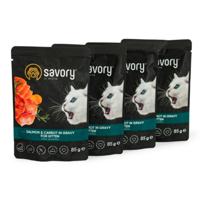 Набір паучів Savory Kitten, with Salmon and Carrot in Gravy "3+1" для кошенят, лосось із морквою у соусі, 85 г
