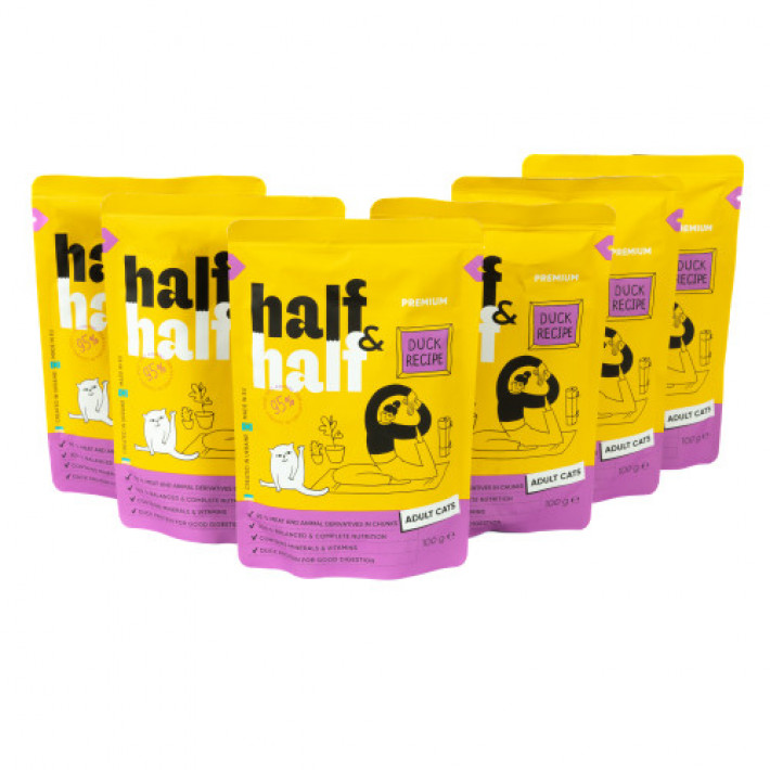 Набір вологих кормів Half&Half "5+1" для дорослих котів, шматочки з качкою у соусі, паучі, 6 шт*100 г