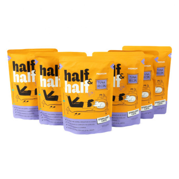 Набір вологих кормів Half&Half "5+1" для стерилізованих котів, шматочки з тунцем у соусі, паучі, 6 шт*100 г