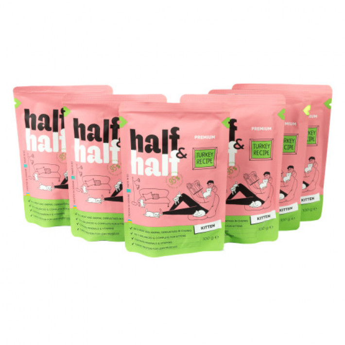 Набір вологих кормів Half&Half "5+1" для кошенят, шматочки з індичкою у желе, паучі, 6 шт*100 г