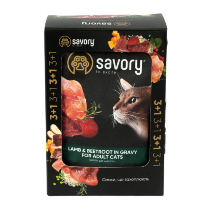 Набір вологих кормів Savory "3+1" для дорослих котів, ягня з буряком у соусі, паучі, 4 шт 85 г