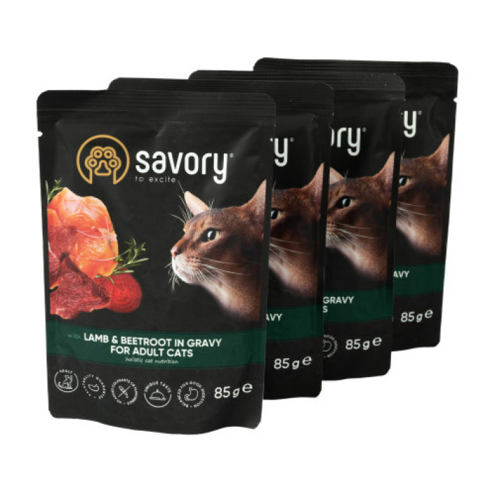 Набір вологих кормів Savory "3+1" для дорослих котів, ягня з буряком у соусі, паучі, 4 шт 85 г