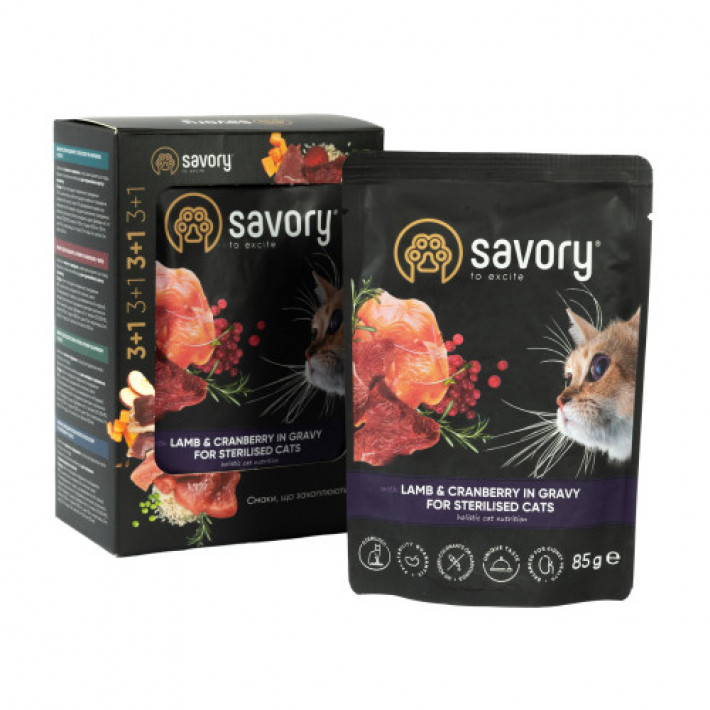 Набір вологих кормів Savory "3+1" для стерилізованих котів, ягня з журавлиною у соусі, паучі, 4 шт 85 г