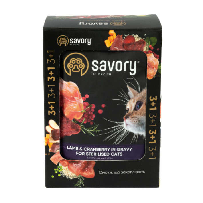 Набір вологих кормів Savory "3+1" для стерилізованих котів, ягня з журавлиною у соусі, паучі, 4 шт 85 г